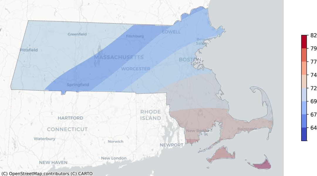 Massachusetts tropical cyclone risk heat map: Regions color-coded based on frequency of hurricanes and tropical storms, weighted by wind speed, derived from NOAA's historical cyclone track data
